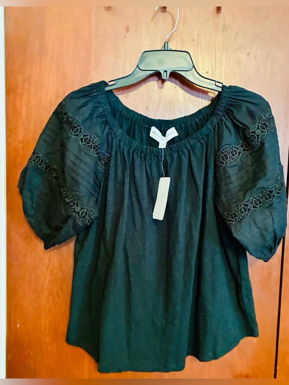 Chelsea & Theodore Black Lace-Trim Puff Sleeve Top
